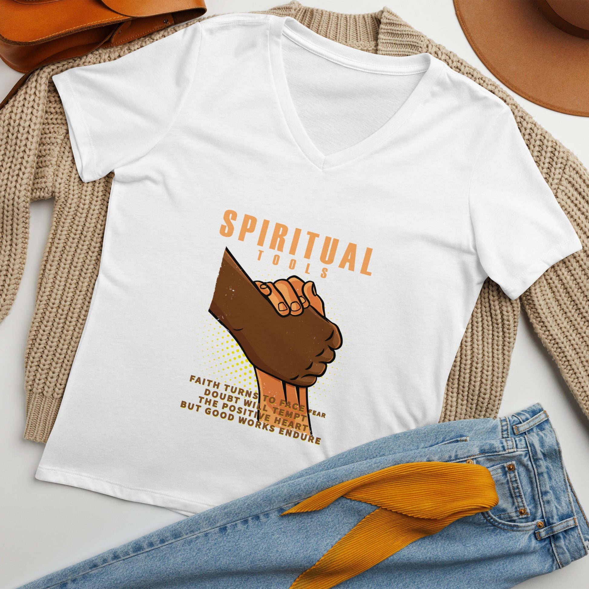 Spiritual Tools Women’s relaxed V - neck t-shirt - Stark Reality Intellectual Apparel